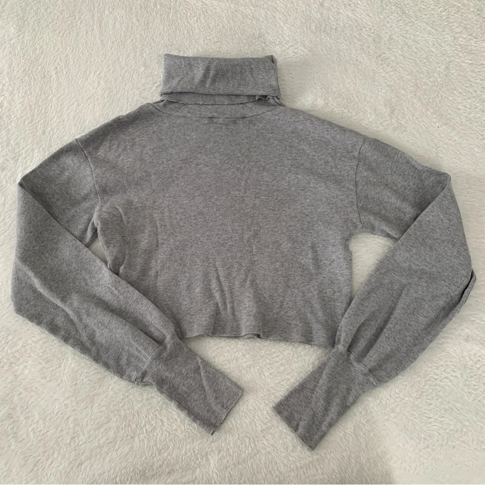 Women’s OS BRANDY MELVILLE Gray Ribbed Boxy Cropped Long Sleeve Turtleneck Top